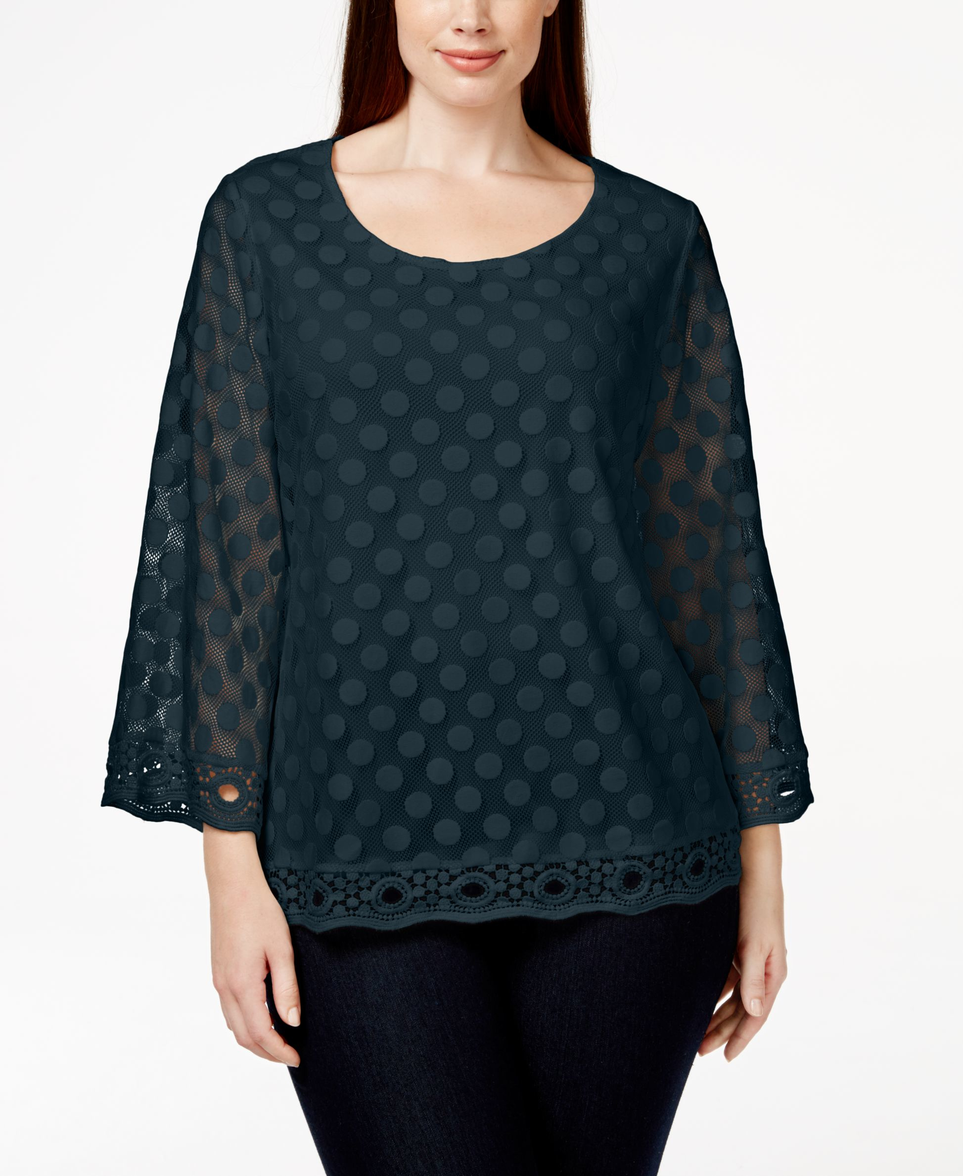 Blue Three Quarter Sleeve Polka Dot Blouse